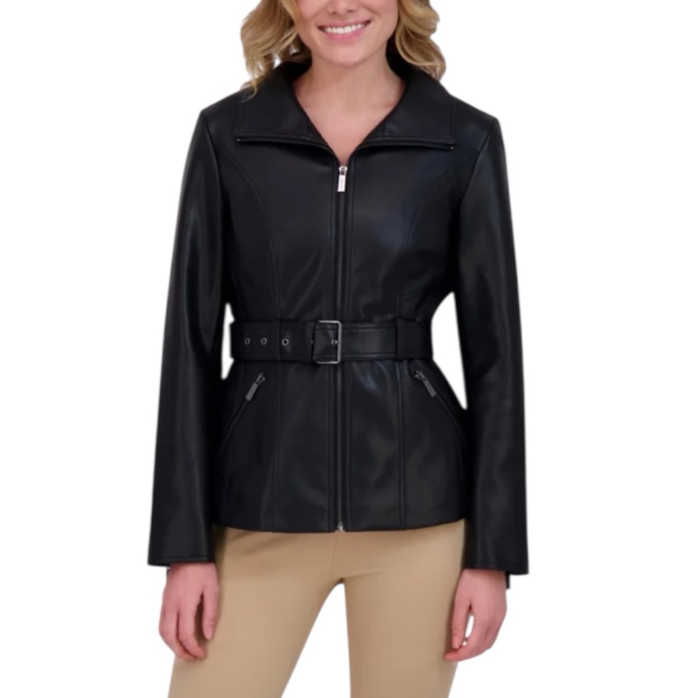 Kenneth Cole Women's Belted Faux Leather Jacket in Black